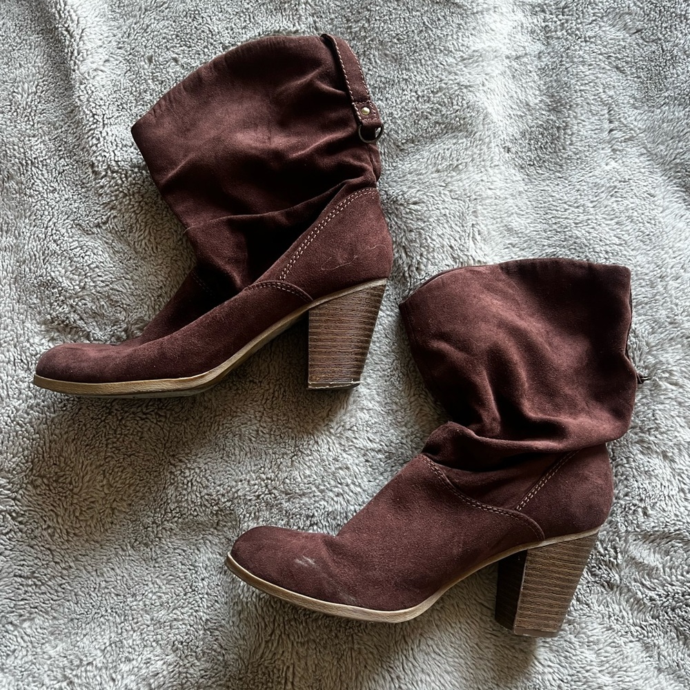 Indigo Chocolate Brown Suede Slouch Block Heel Boots